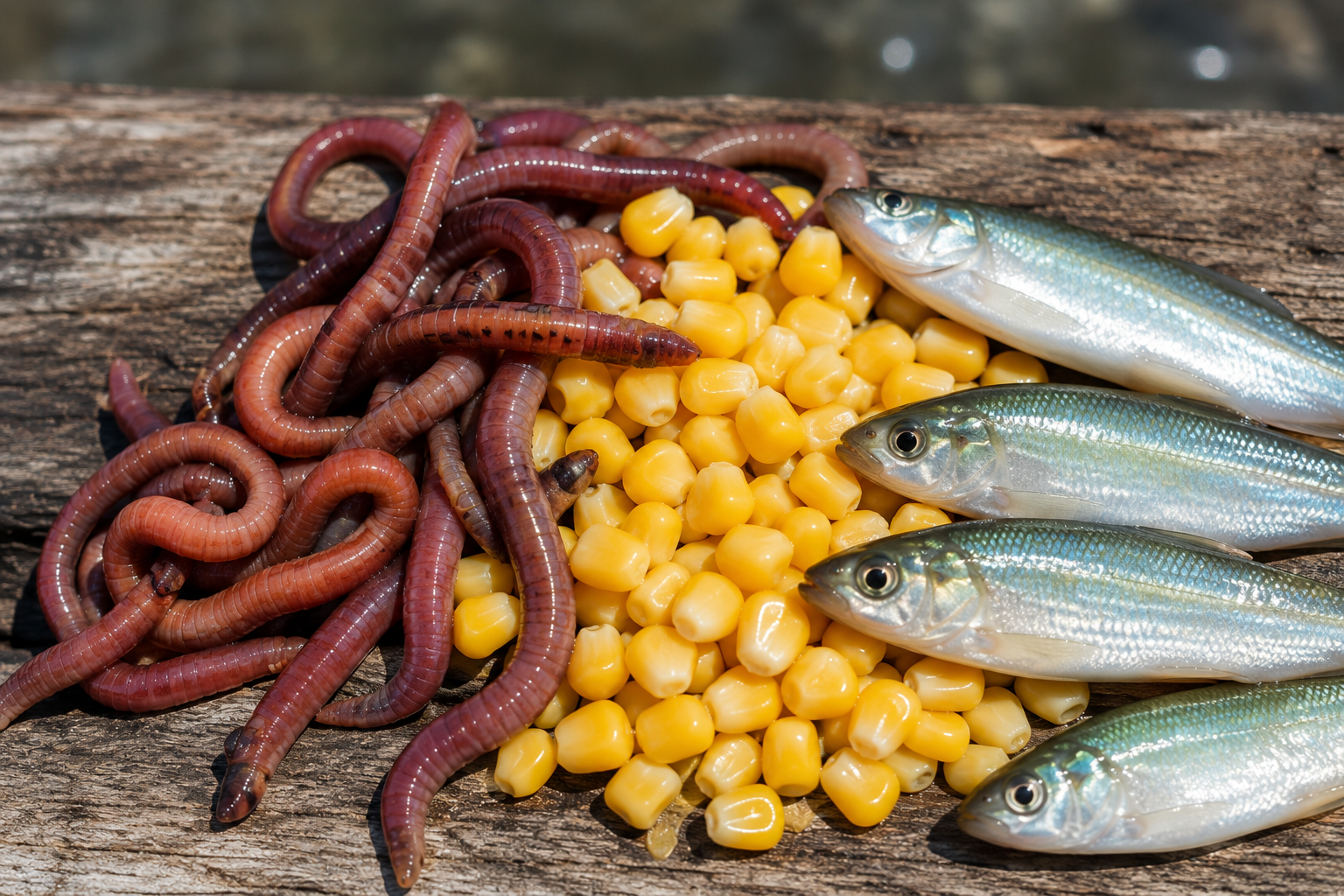 Iscas naturais: minhocas, milho e pequenos peixes sobre madeira