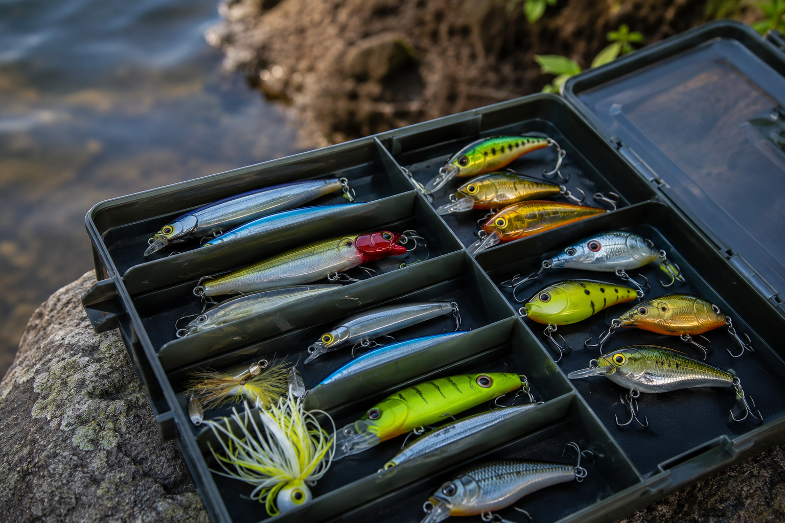 Caixa de pesca com diversas iscas artificiais coloridas