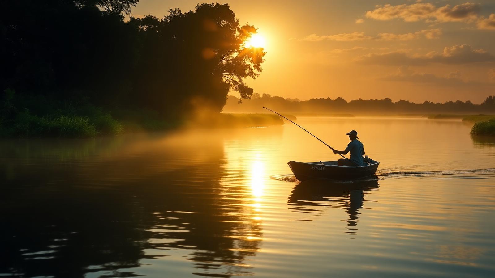 Pescador em barco ao entardecer em um rio brasileiro